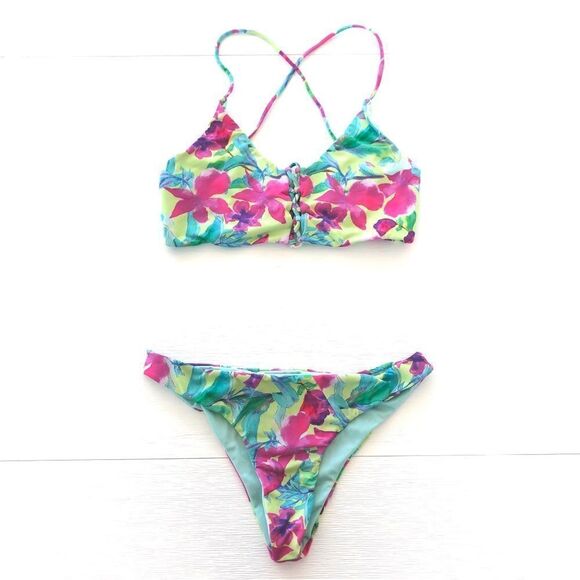 Floral Bikini Lace Up Tank Top With Cheeky Bottom 2-Piece Swimwear Green Pink S - Picture 1 of 7